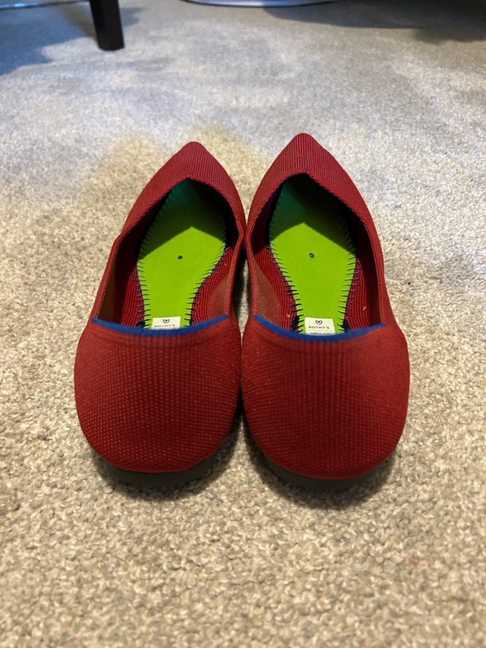 Rothy's Pointed Red Knit Ballet Flats with Blue Accent - Picture 4 of 5